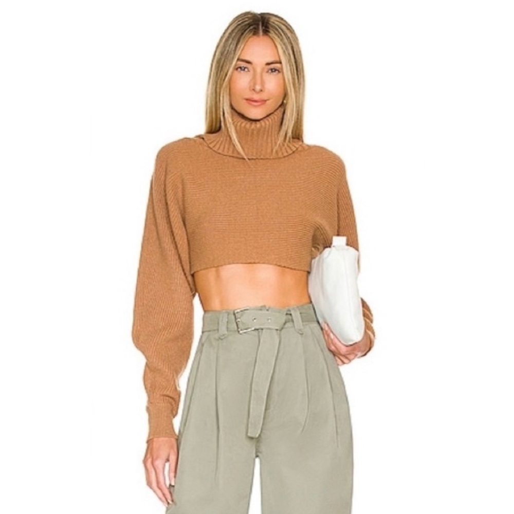 House of Harlow 1960 Sweater Cropped Ribbed Turtleneck Cognac Brown Knit Large